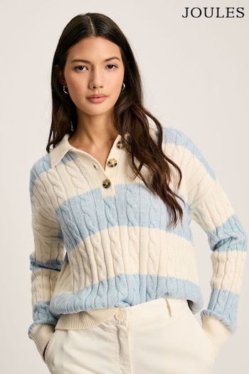 Joules Love All Blue Cable Knit Jumper with Button Collar (C59696) | £64.95