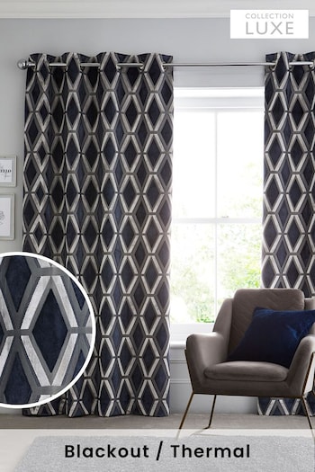 Navy Blue Collection Luxe Heavyweight Geometric Cut Velvet Blackout/Thermal Eyelet Curtains (C59731) | £195 - £370