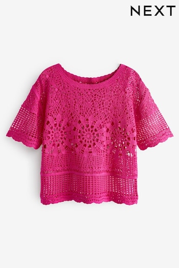 Bright Pink Crochet Short Sleeve Knit Top (C59739) | £24