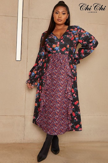 Chi Chi London Black Curve Long Sleeve Plunge Floral Printed Midi Dress efecto (C60084) | £76