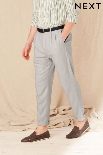 Light Grey Relaxed Tapered Linen Blend Pleated Front Trousers (C60192) | £32