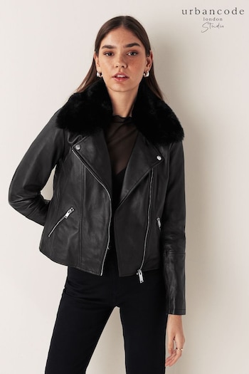 Urban Code Black Leather Biker With Removable Faux Fur Collar Jacket (C60296) | £169