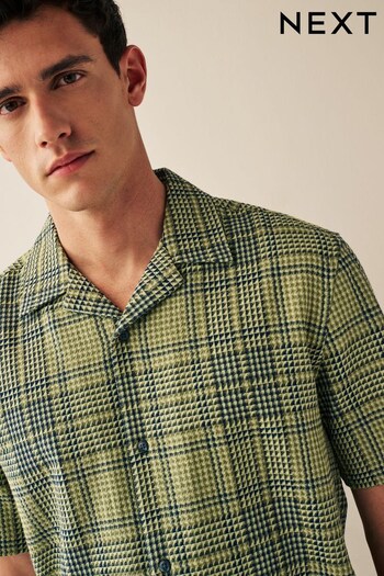Green/Black Textured Check Cuban Collar Short Sleeve Shirt (C60706) | £15