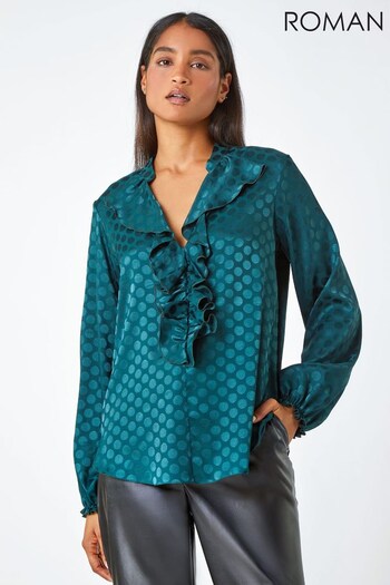 Roman Green Spot Print Satin Ruffle Stretch Top (C60943) | £35