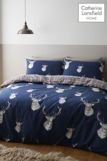 Catherine Lansfield Blue Stag Check Reversible Duvet Cover and Pillowcase Set (C61131) | £16 - £26