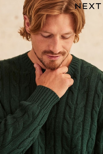 Green Wool Rich Cable Crew Neck Jumper (C61332) | £40
