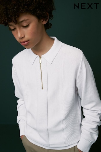 White Textured Knit Zip Neck Long Sleeve Polo Striped Shirt (3-16yrs) (C61696) | £15 - £20