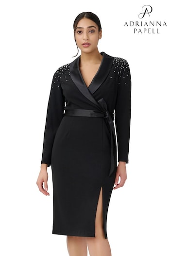 Adrianna Papell Embellished Tuxedo Black Midi Dress (C62032) | £249