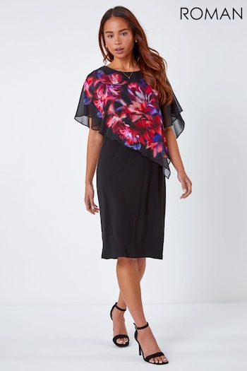 Roman Black Petite Floral Chiffon Overlay Dress (C62158) | £50