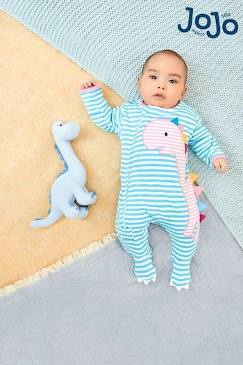 JoJo Maman Bébé Blue/Pink Dino Appliqué Zip Cotton Baby Sleepsuit (C62520) | £21