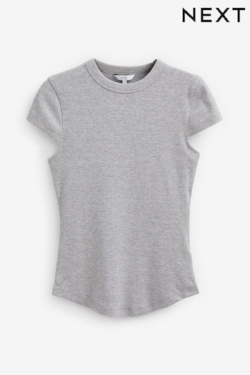Grey Ribbed Short Sleeve Curved Neck Top (C62771) | £16