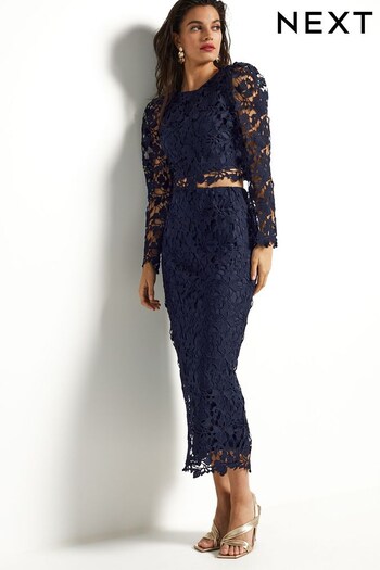 Navy Blue Lace Co-Ord Midi Skirt (C62922) | £60