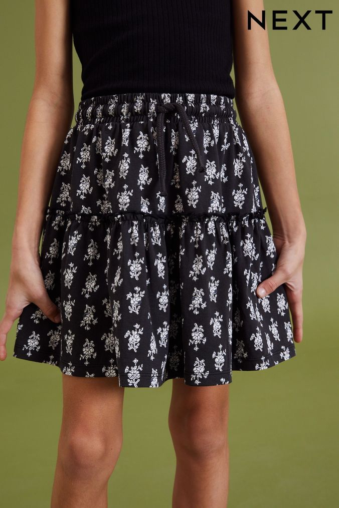 Black/Ivory White Floral Woodblock Print Soft Jersey Tiered Skirt (3-16yrs) (C63088) | £9 - £14