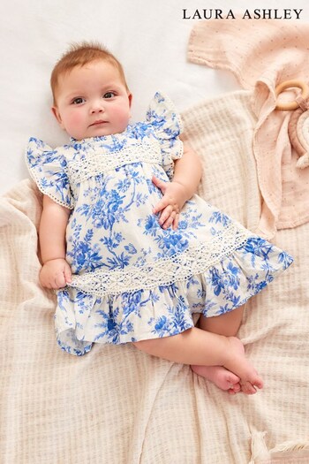 Laura Ashley Blue/White Newborn Frill Sleeve Dress (C63518) | £28 - £30