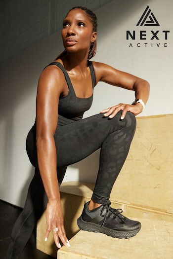 Black Embossed Leopard Print Next Active Sports Tummy Control High Waisted Full Length Sculpting Leggings (C63667) | £34