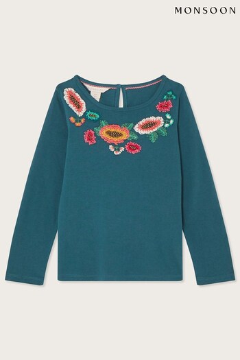 Monsoon Teal Floral Embroidered Long Sleeve T-Shirt (C64049) | £20 - £24