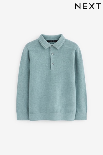 Blue Long Sleeve Knitted Textured RWB-stribe Polo Shirt (3-16yrs) (C64851) | £13 - £18