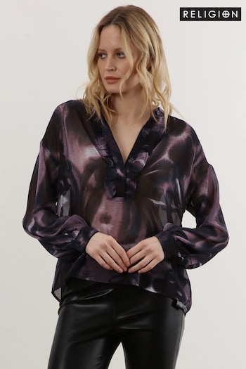 Religion Purple Sheer Ruffle Shirt In Beautiful Prints (C65447) | £65