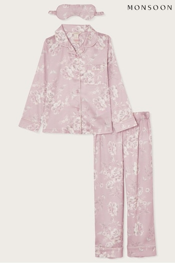 Monsoon Pink Satin Roses Pyjamas and Mask Set (C65777) | £32 - £34
