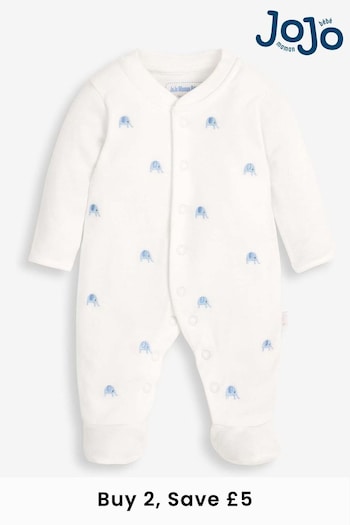 JoJo Maman Bébé Blue Elephant Embroidered Cotton Baby Sleepsuit (C65986) | £21