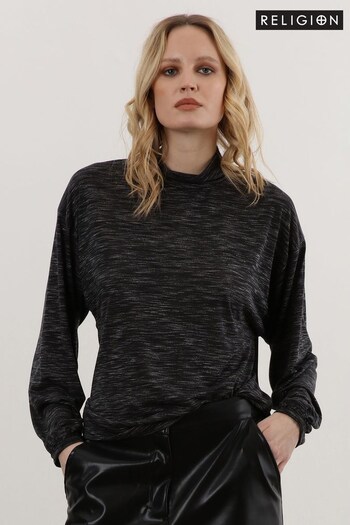 Religion Black High Neck Batwing Top In Soft Jersey (C66023) | £48