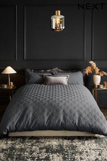 Charcoal Grey Embossed Geometric Duvet Cover And Pillowcase Set (C66129) | £28 - £58