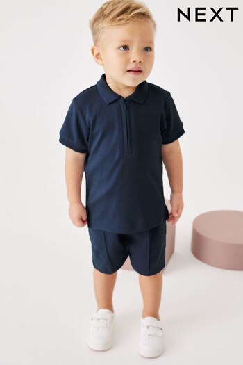Navy Short Sleeve Jersey Zip Neck Polo Shirt And Shorts Set (3mths-7yrs) (C66279) | £14 - £18