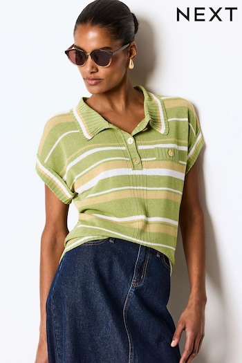 Green Stripe Linen Short Sleeve Polo Neck Top (C66285) | £28