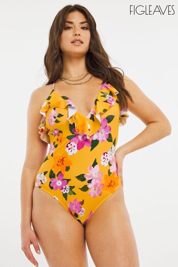 Figleaves Panama Yellow Floral Soft Plunge Frill Swimsuit (C66562) | £45