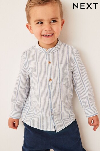 Blue/White Stripe Grandad Collar Linen Mix Shirt (3mths-7yrs) (C66876) | £13 - £15