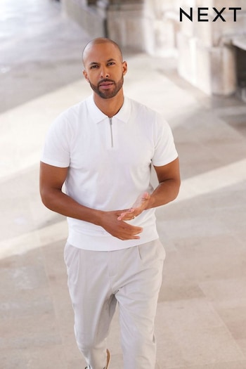 White Knitted Zip Polo Shirt (C66889) | £24
