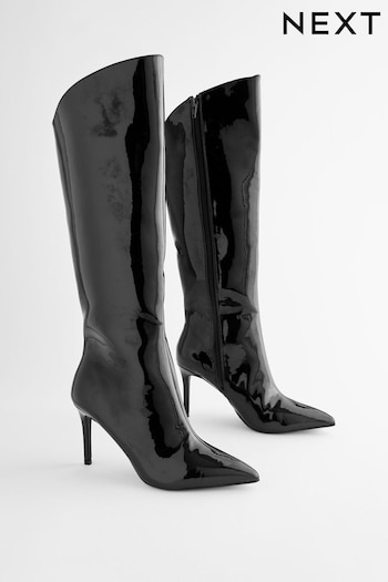 Black Pointed Toe Patent Knee High Boots (C66972) | £65