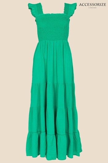Accessorize Green Frill Shoulder Shirred Midi Dress (C67042) | £45