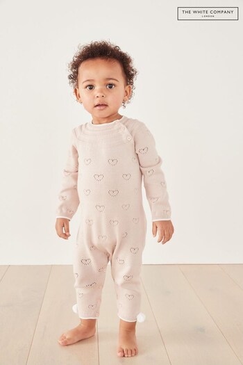 The White Company Baby Pink Heart Pointelle Pom Romper (C67120) | £36