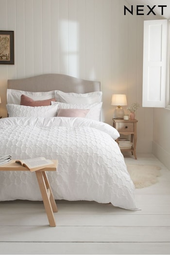 White Textured Embossed Square Duvet Cover and Pillowcase Set (C67141) | £28 - £58