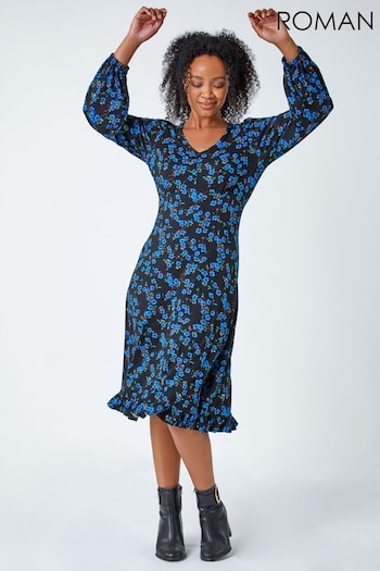 Roman Blue Dark Petite Floral Frill Hem Stretch Dress (C67221) | £38