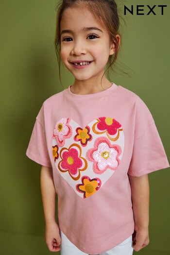 Pink Flower Sequin Embroidered Short Sleeve T-Shirt (3-16yrs) (3-16yrs) (C67323) | £9 - £14