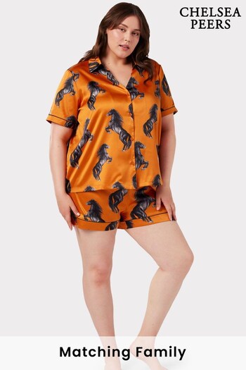 Chelsea Peers Orange Curve Satin Orange Horses Print Short Pyjama Set (C67408) | £45