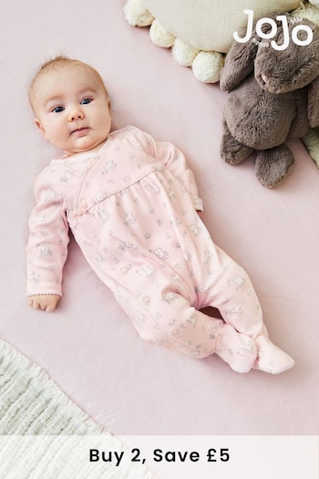 JoJo Maman Bébé Pink Bunny Pretty Cotton Baby Sleepsuit (C67534) | £20