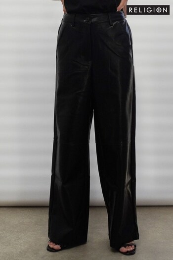 Religion Black Wide Leg Faux Leather Look Luster Trousers (C67625) | £82