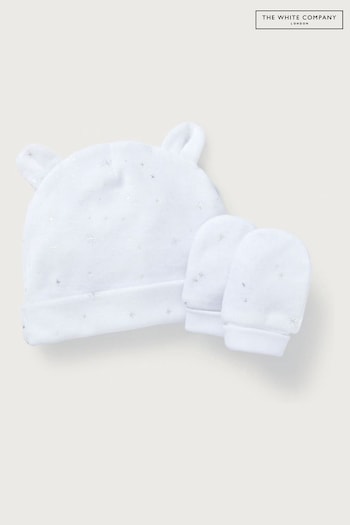 The White Company Organic Cotton Sparkle Snowflake Velour White Hat And Mitt Set (C67719) | £16