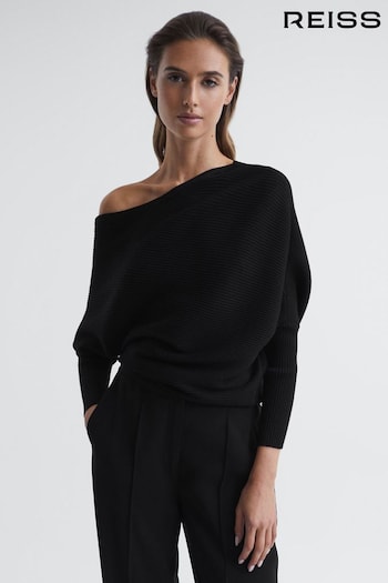 Reiss Black Lorna Asymmetric Drape Knitted Top (C67880) | £128
