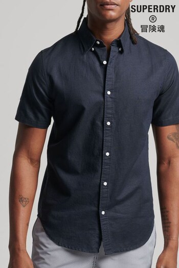 Superdry Blue Organic Cotton Studios Linen Short Sleeve Shirt (C68551) | £45