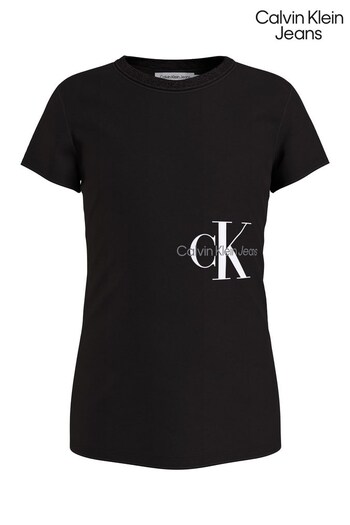 Calvin Klein Jeans Girls Black Monogram Off Placed Slim T-Shirt (C68955) | £27