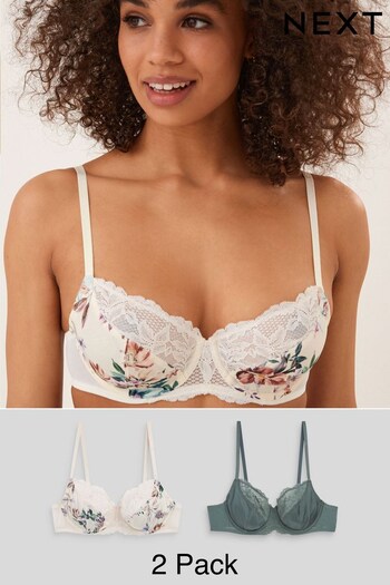 White Floral Print/Sage Green Non Pad Full Cup Bras 2 Pack (C69091) | £29