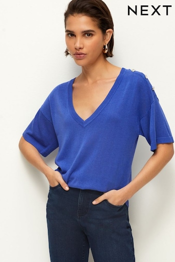 Bright Blue V-Neck Gem Button Linen T-Shirt (C69583) | £25