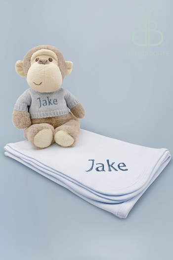 Babyblooms Blue Personalised Monkey Soft Toy with Snuggle Wrap Gift Set (C71031) | £56