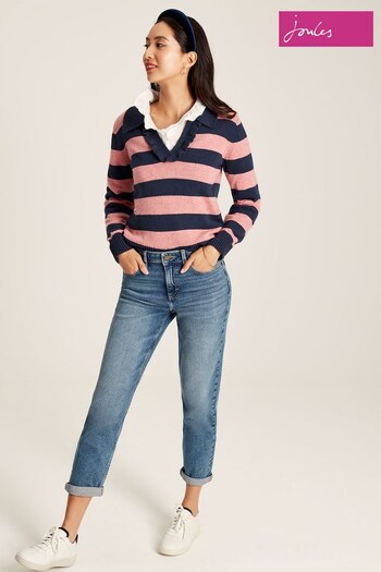 Joules Maddie Navy Blue Striped V Neck Jumper with Collar (C71070) | £64.95