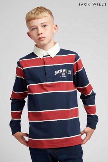 Jack Wills Navy Blue & Red Stripe Flag Rugby Polo insulated Shirt (C71233) | £30 - £42