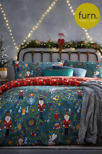 furn. Blue Nutcracker Christmas Reversible Duvet Cover and Pillowcase Set (C71267) | £16 - £34